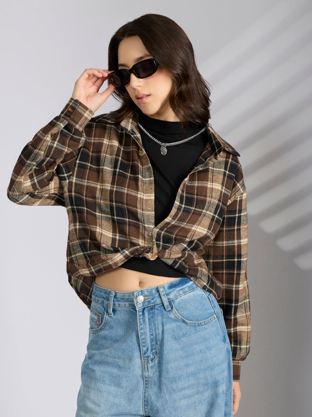 Women's Checked Brown Shirt Style Top with Chain
