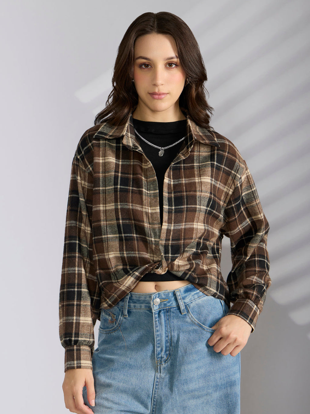 Women's Checked Brown Shirt Style Top with Chain