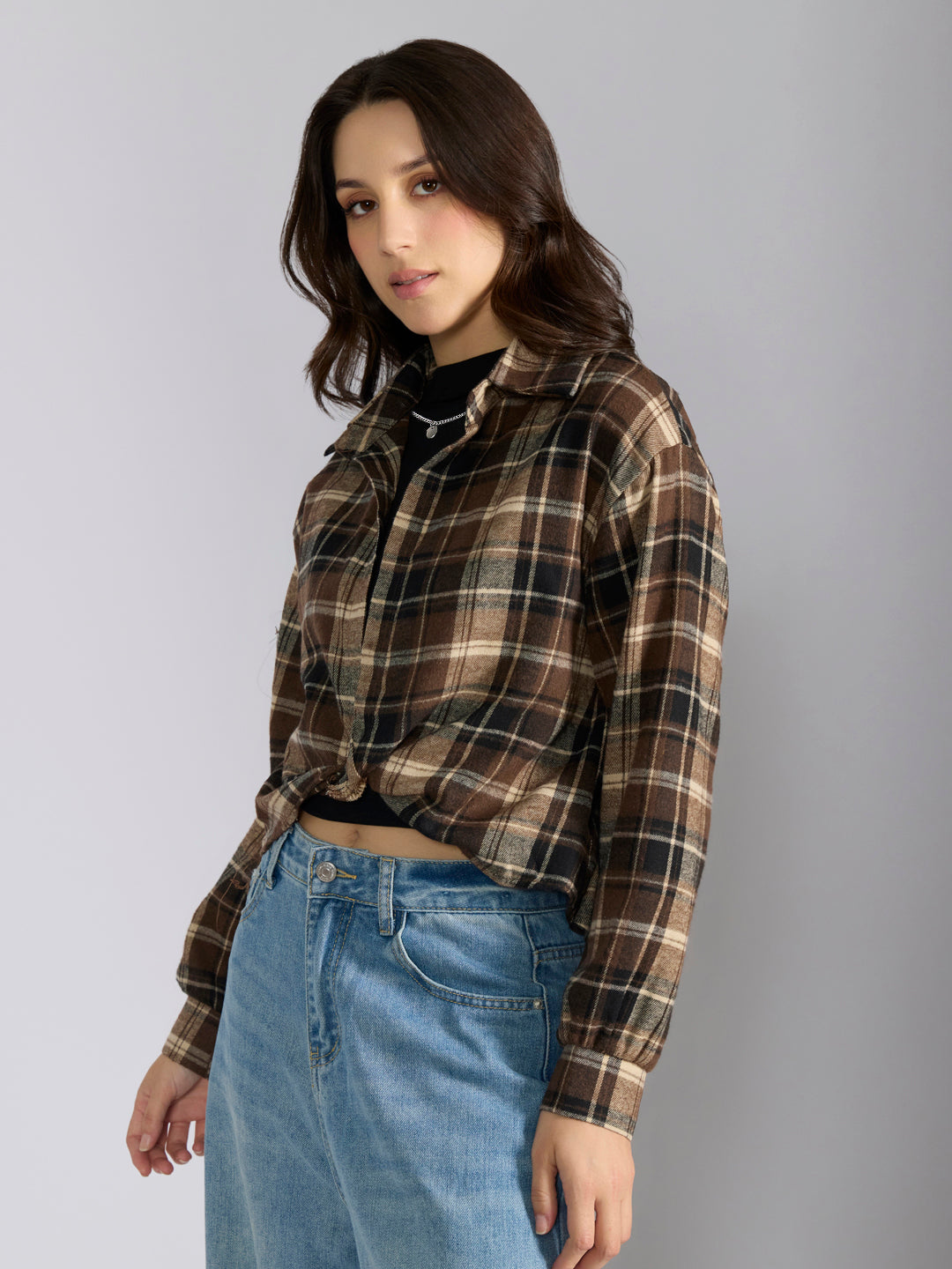 Women's Checked Brown Shirt Style Top with Chain