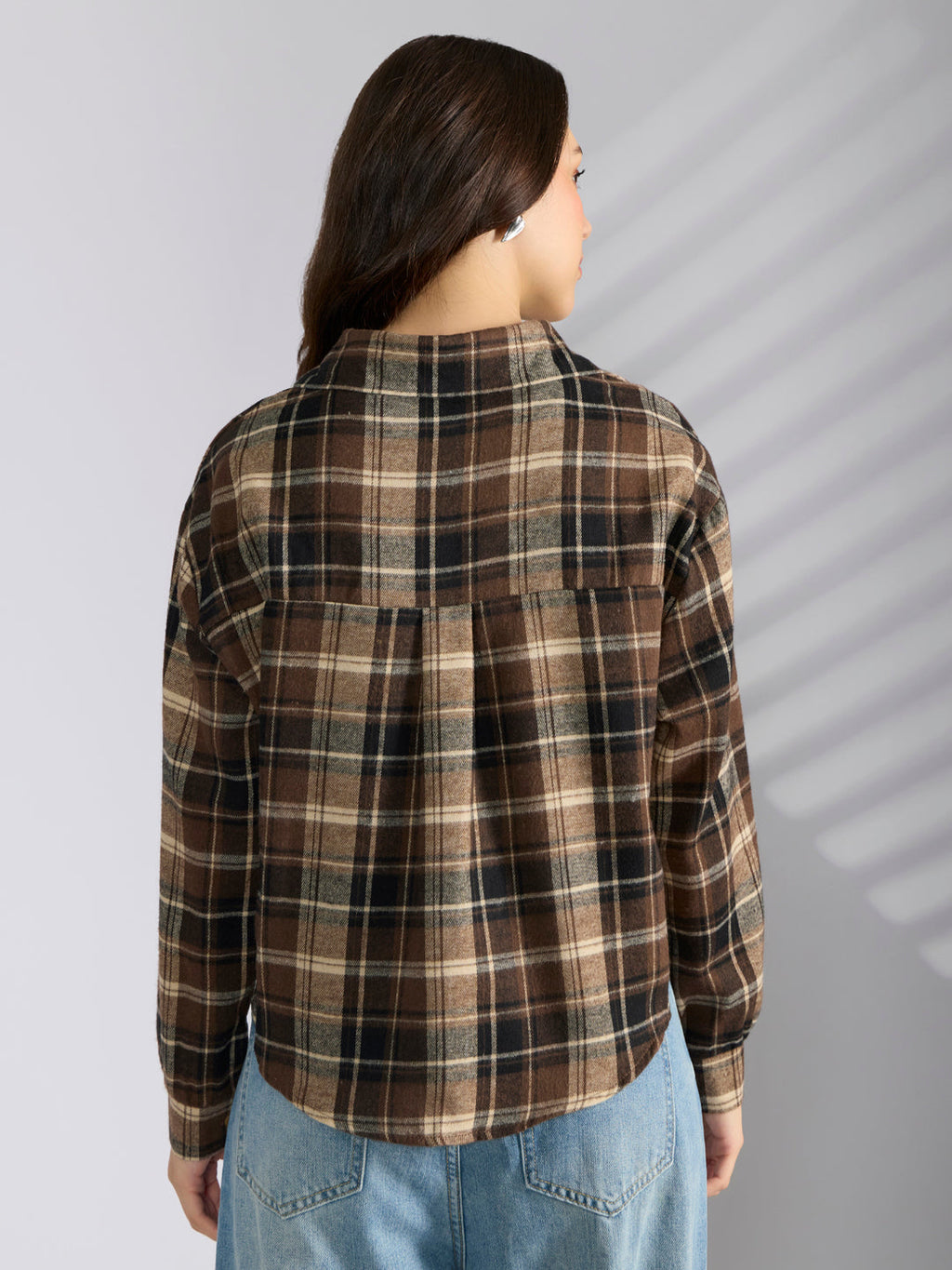 Women's Checked Brown Shirt Style Top with Chain