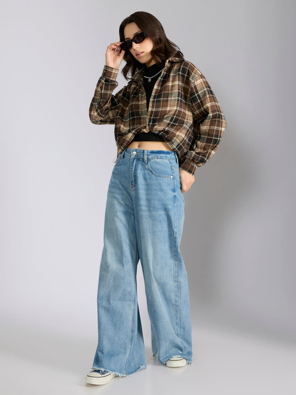 Women's Checked Brown Shirt Style Top with Chain