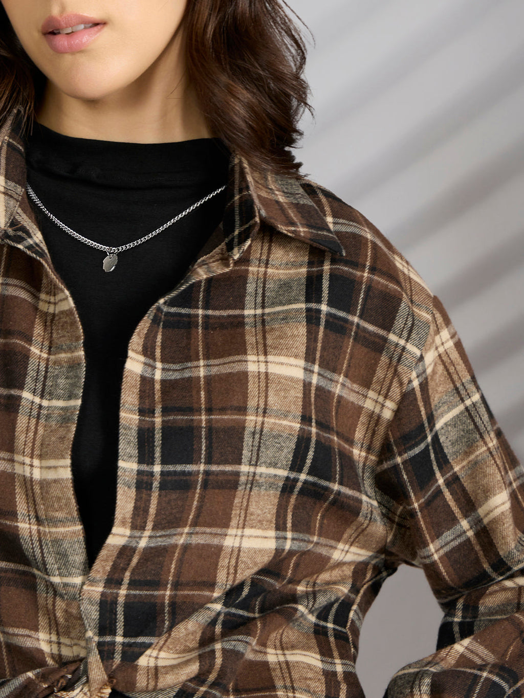 Women's Checked Brown Shirt Style Top with Chain