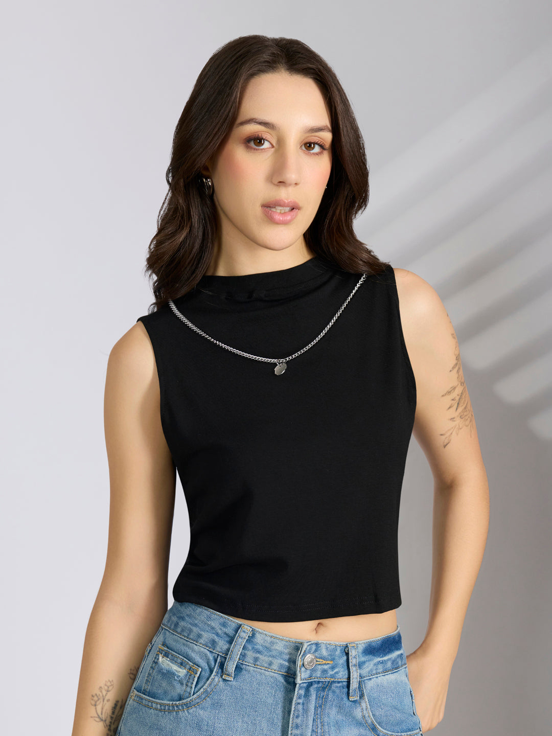 Women's Checked Brown Shirt Style Top with Chain