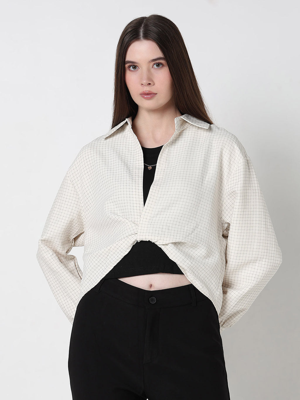 Women's Checked Cream Shirt Collar Crop Top with Inner Tank Top & Neck Chain