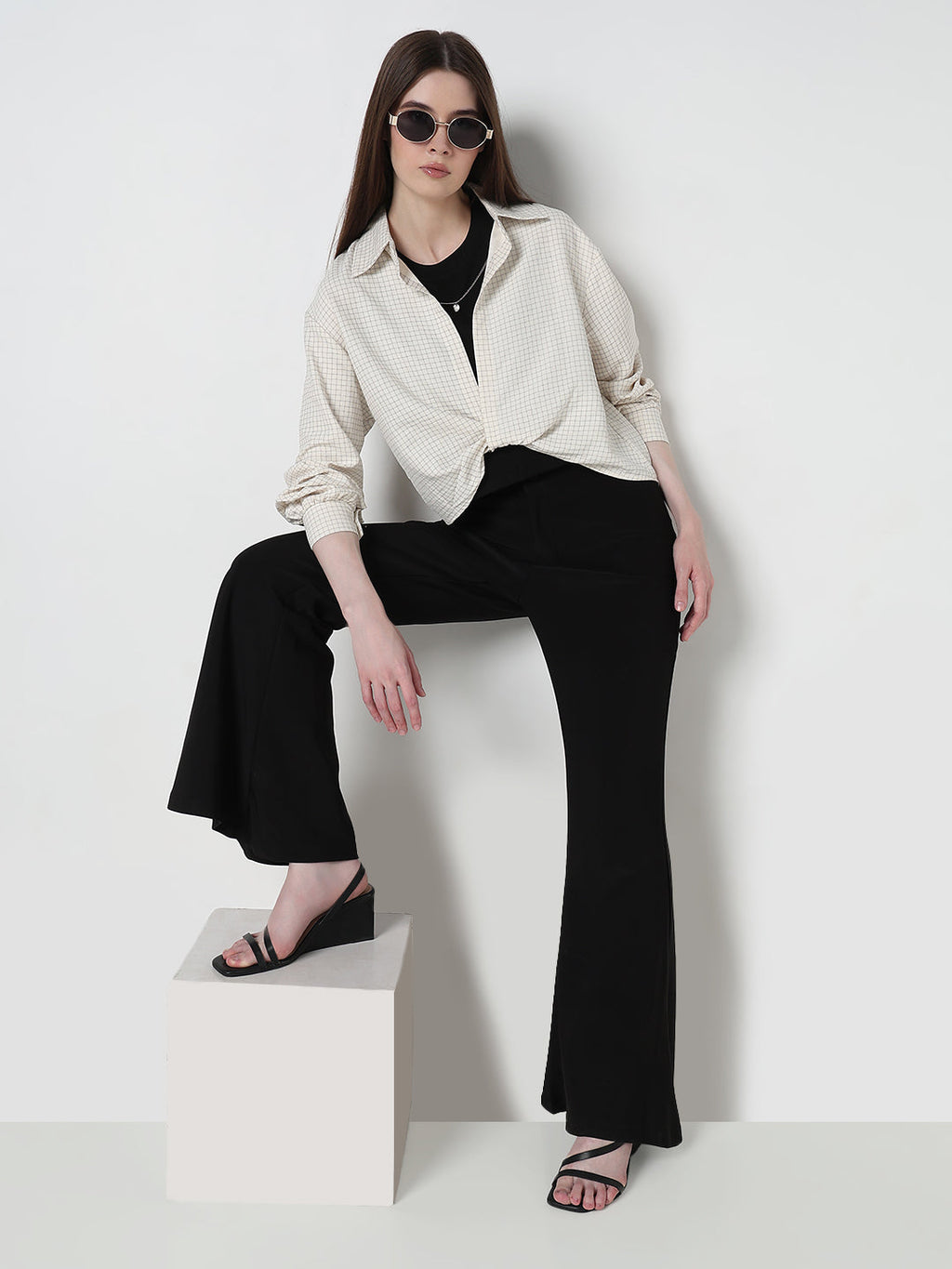 Women's Checked Cream Shirt Collar Crop Top with Inner Tank Top & Neck Chain