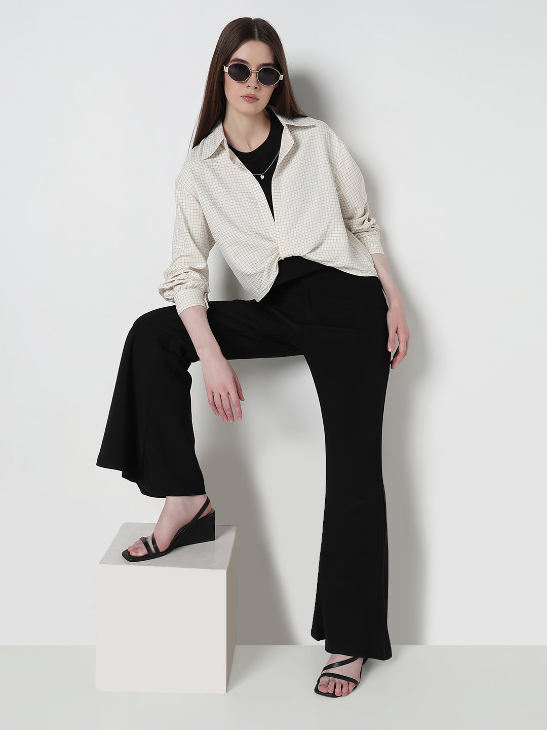 Women's Checked Cream Shirt Collar Crop Top with Inner Tank Top & Neck Chain