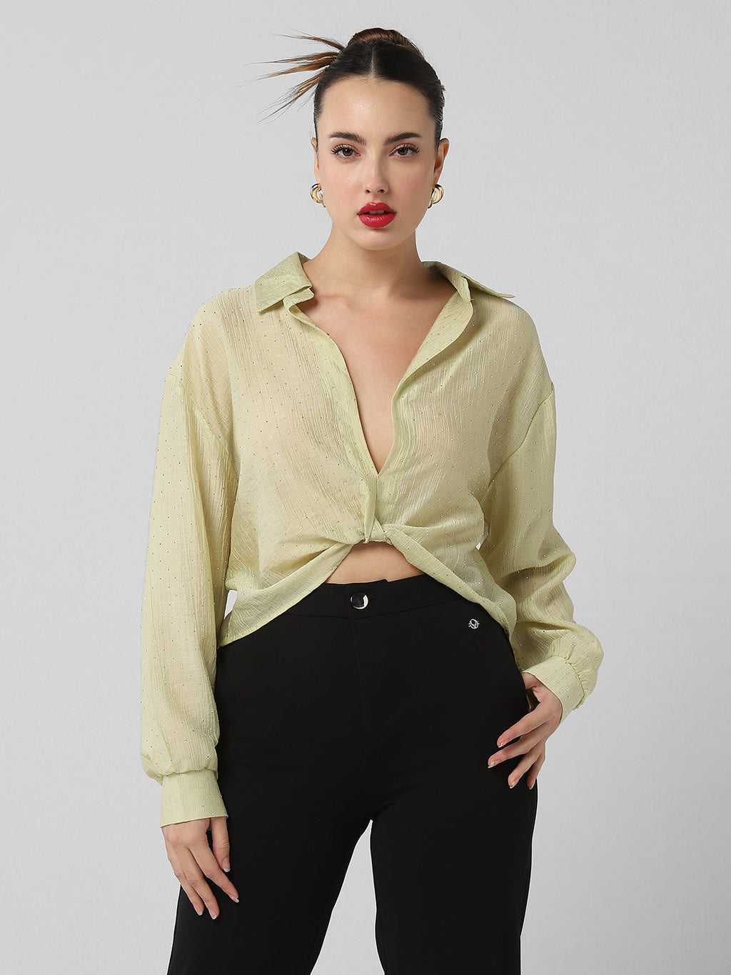 Women's Green Shirt Style Crop Top