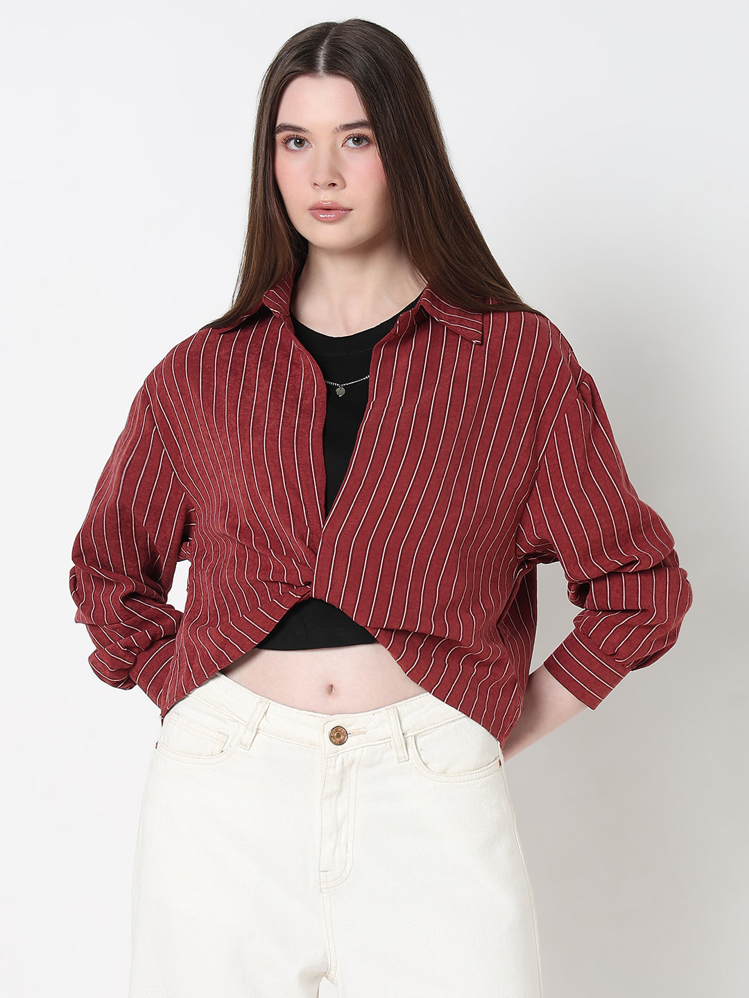 Women's Striped Maroon Shirt Collar Crop Top with Inner Tank Top & Neck Chain