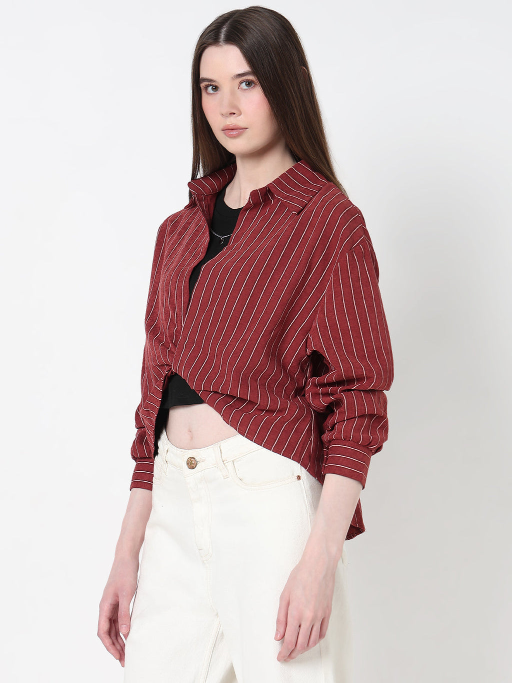 Women's Striped Maroon Shirt Collar Crop Top with Inner Tank Top & Neck Chain