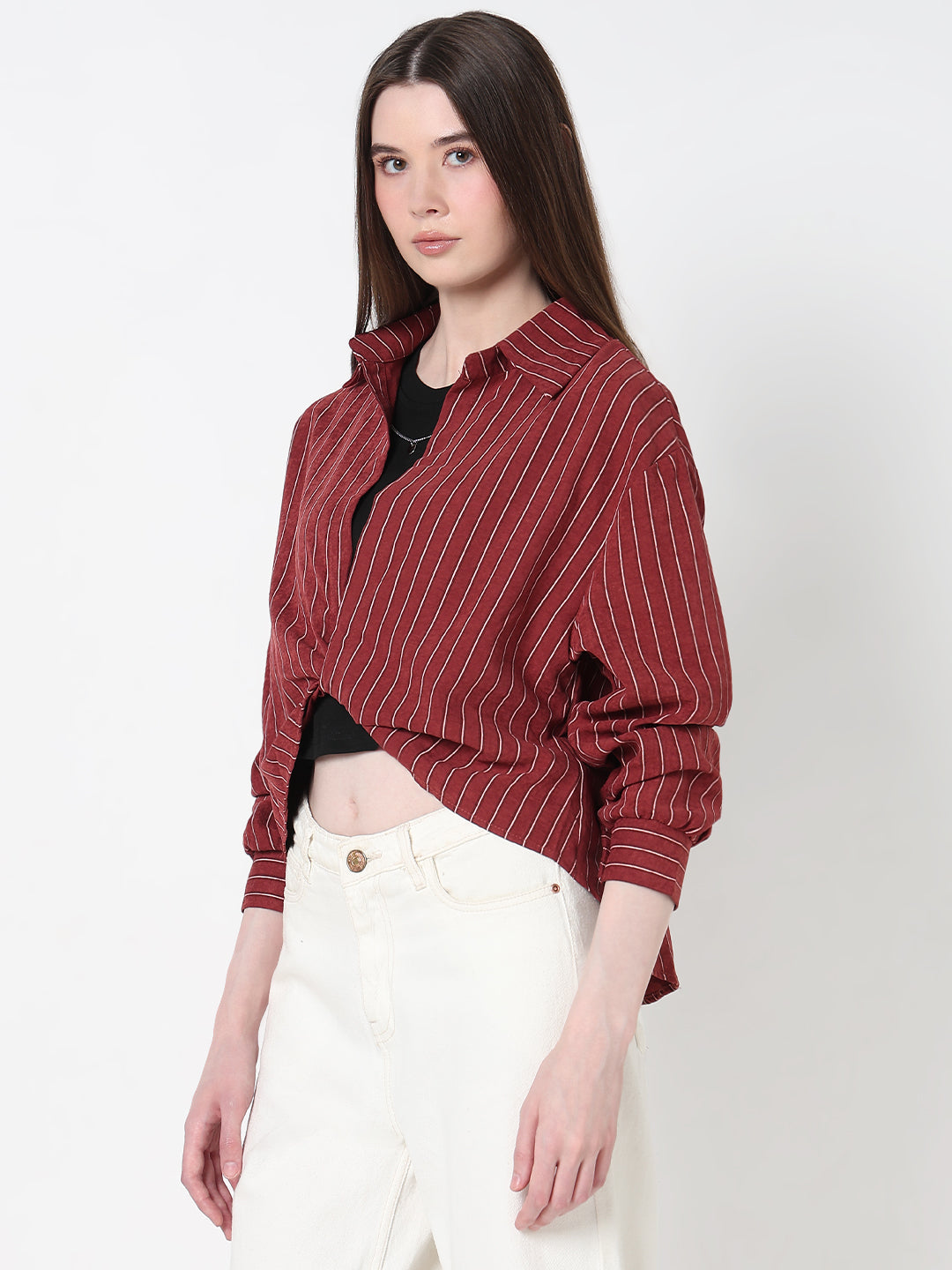 Women's Striped Maroon Shirt Collar Crop Top with Inner Tank Top & Neck Chain