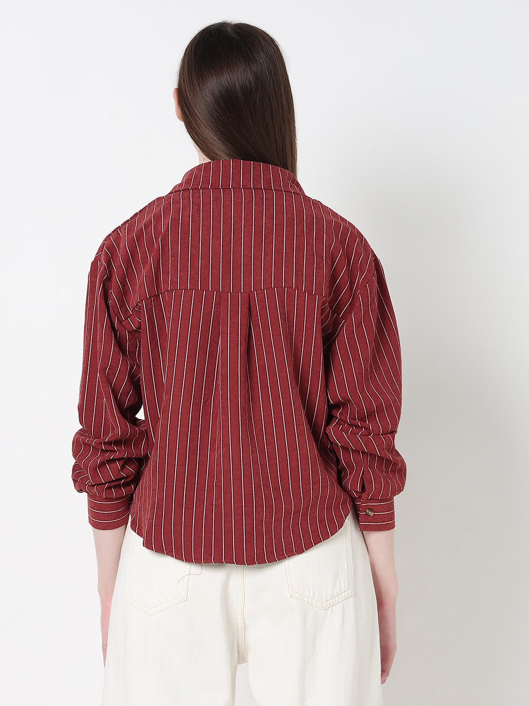 Women's Striped Maroon Shirt Collar Crop Top with Inner Tank Top & Neck Chain