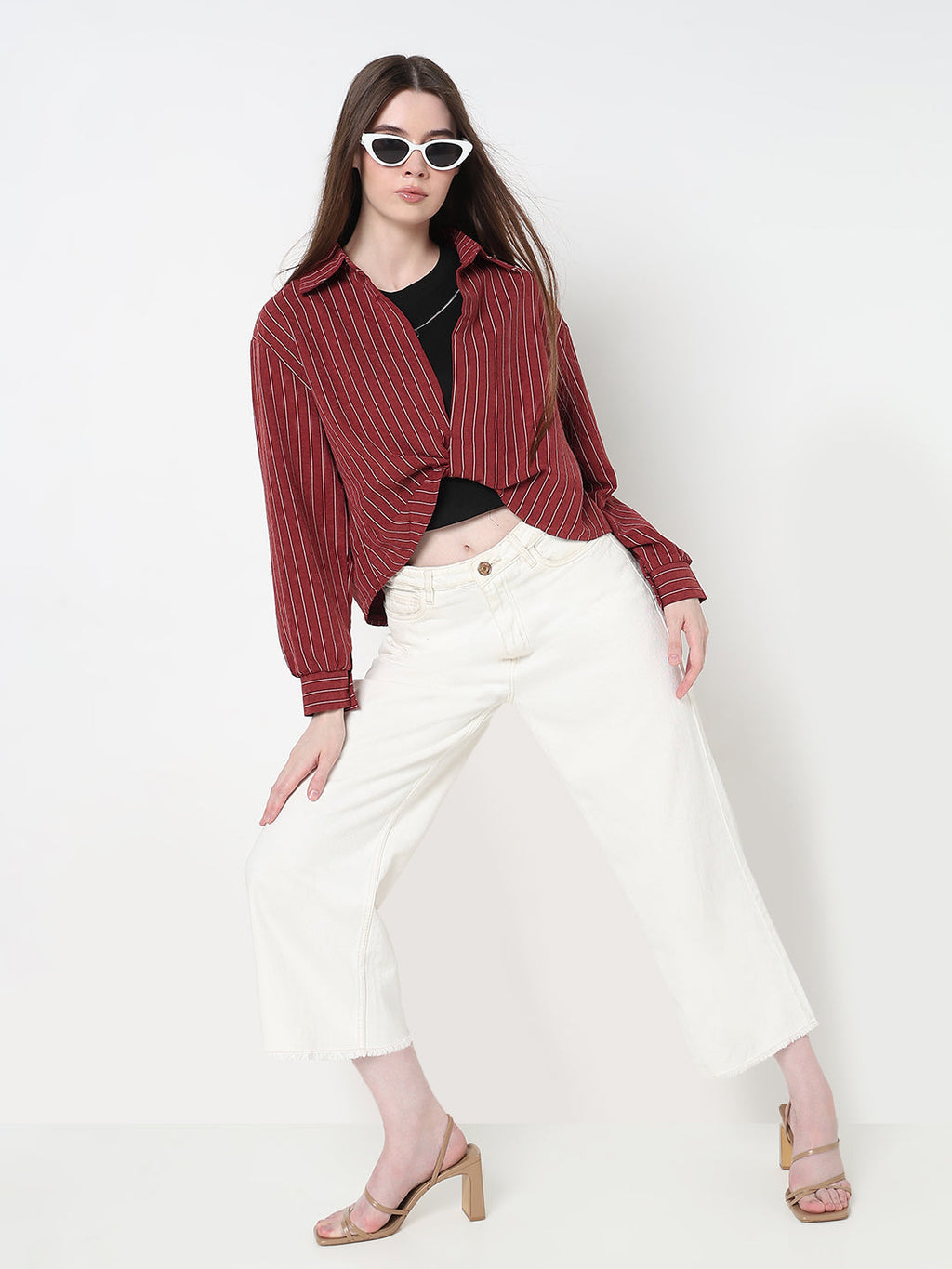 Women's Striped Maroon Shirt Collar Crop Top with Inner Tank Top & Neck Chain