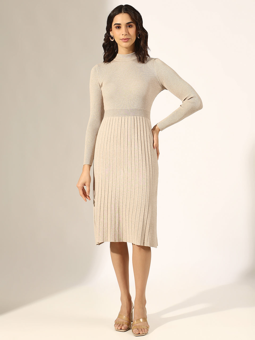 Women's Beige Knitted Fit and Flare Midi Dress