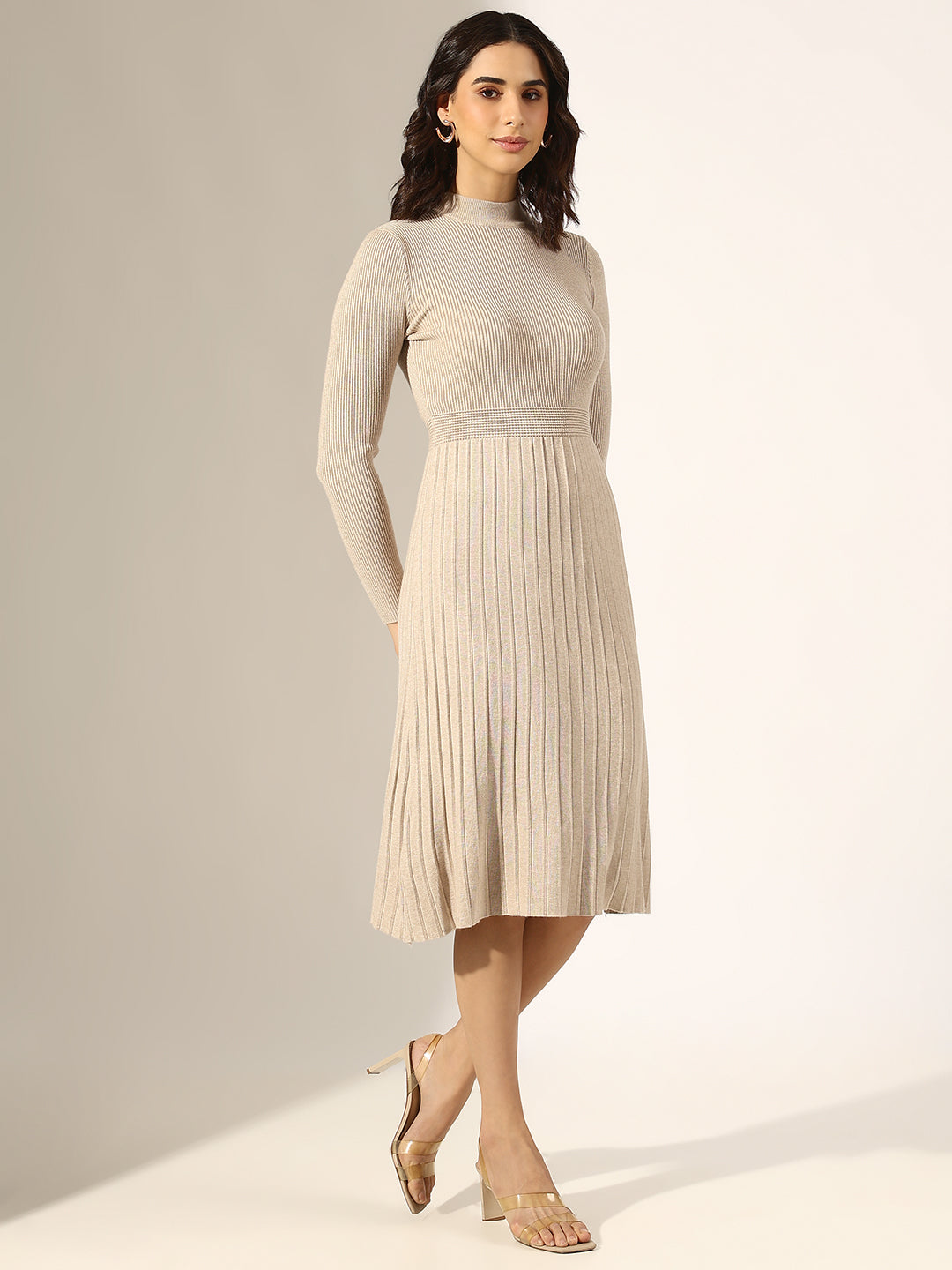 Women's Beige Knitted Fit and Flare Midi Dress