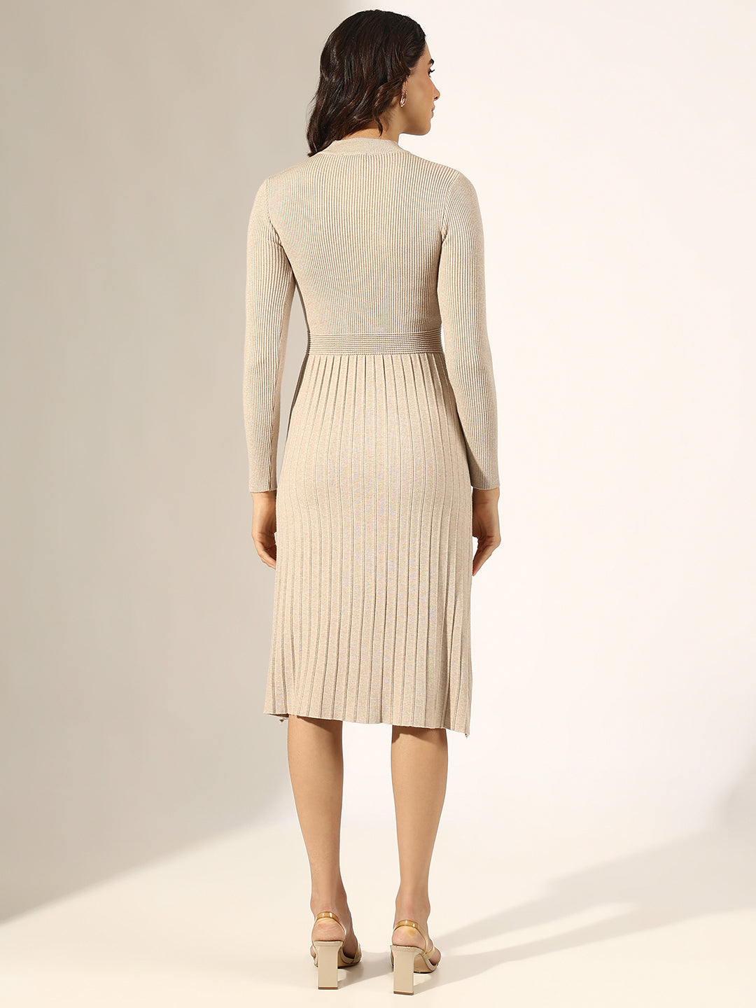 Women's Beige Knitted Fit and Flare Midi Dress