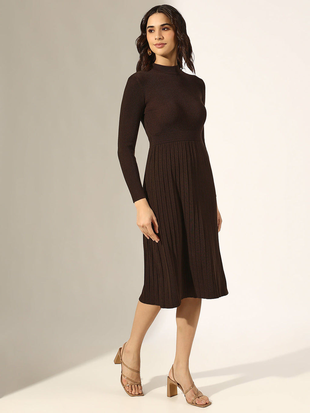 Women's Brown Knitted Fit and Flare Midi Dress