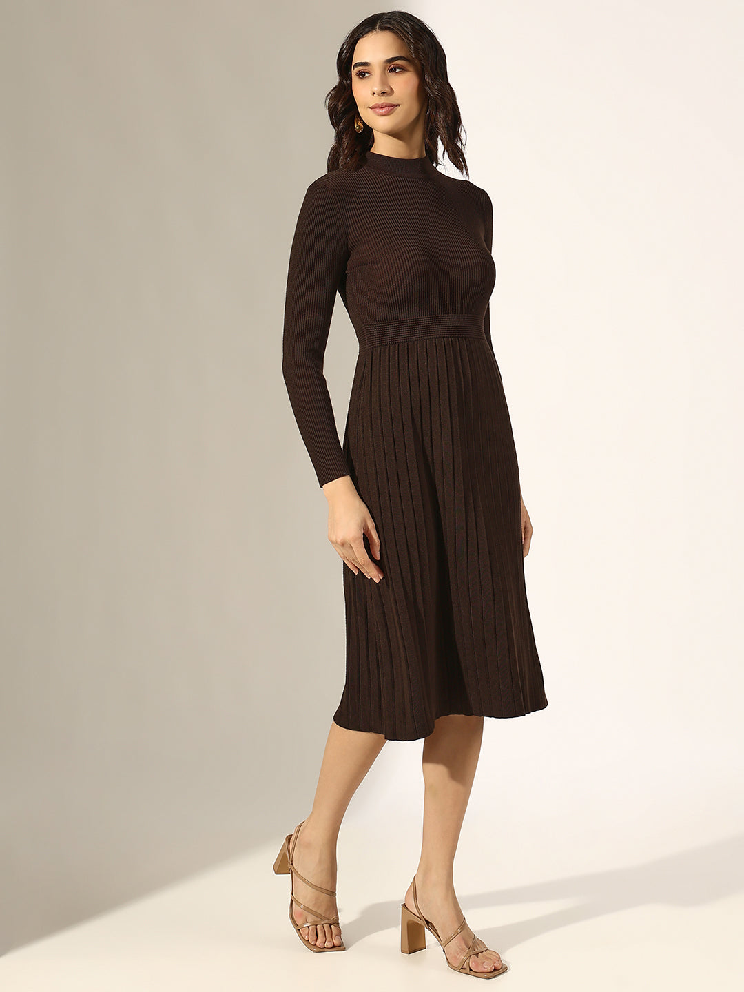 Women's Brown Knitted Fit and Flare Midi Dress