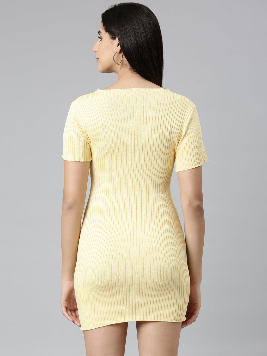 Women's Yellow Self Design Knit Bodycon Dress