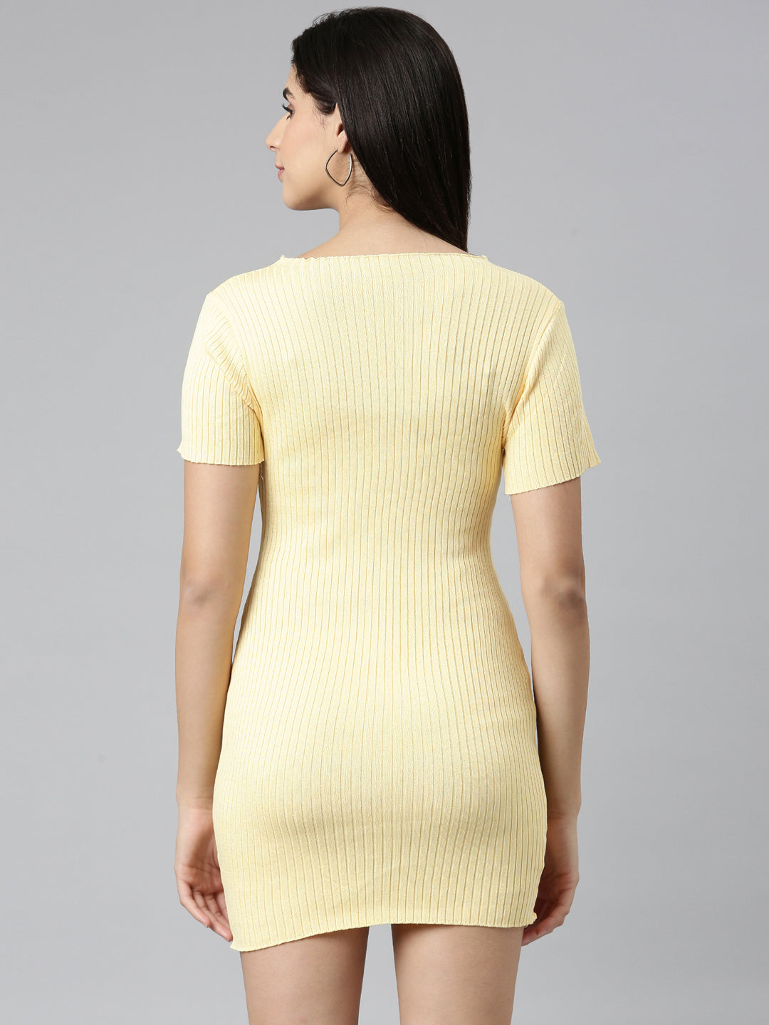 Women's Yellow Self Design Knit Bodycon Dress