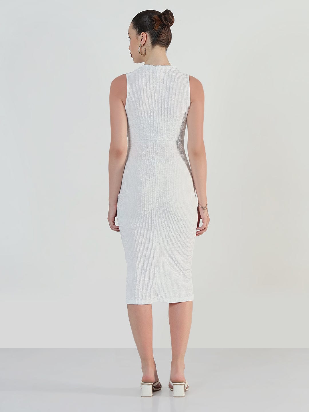 Women's Textured White Cut-out Midi Bodycon Dress