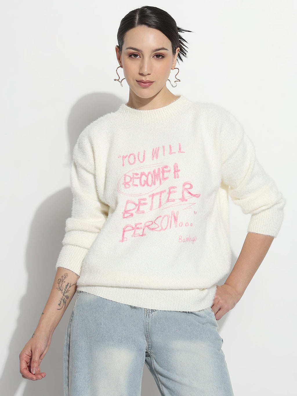 Women's Typography White Round Neck Fuzzy Top