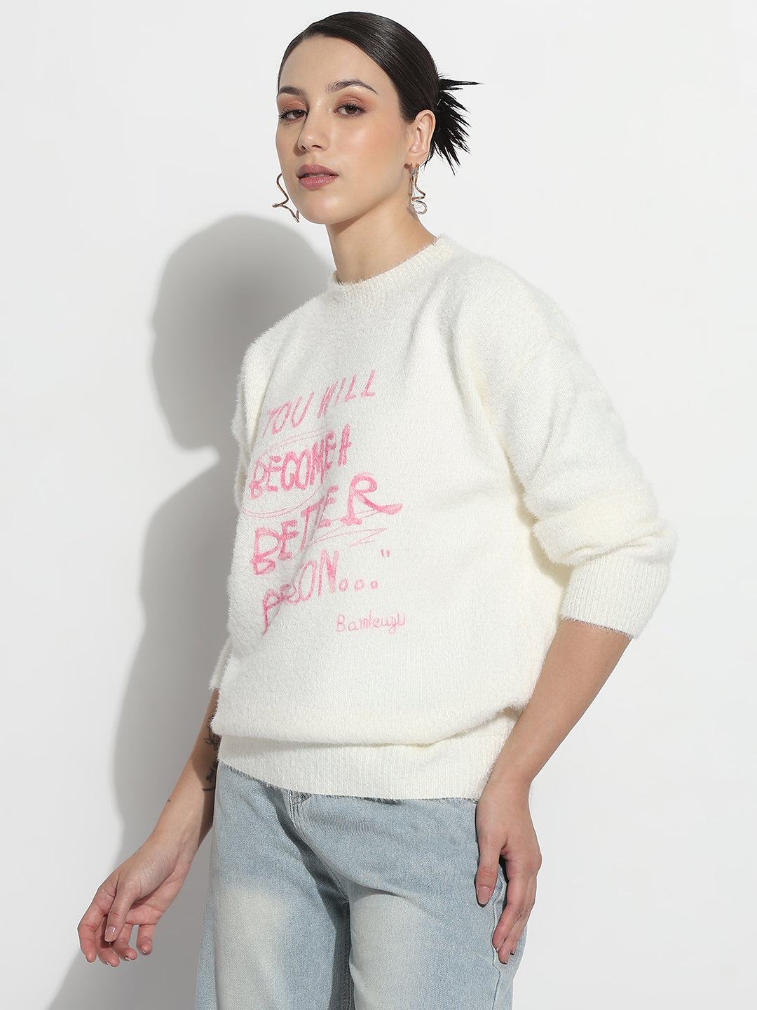 Women's Typography White Round Neck Fuzzy Top