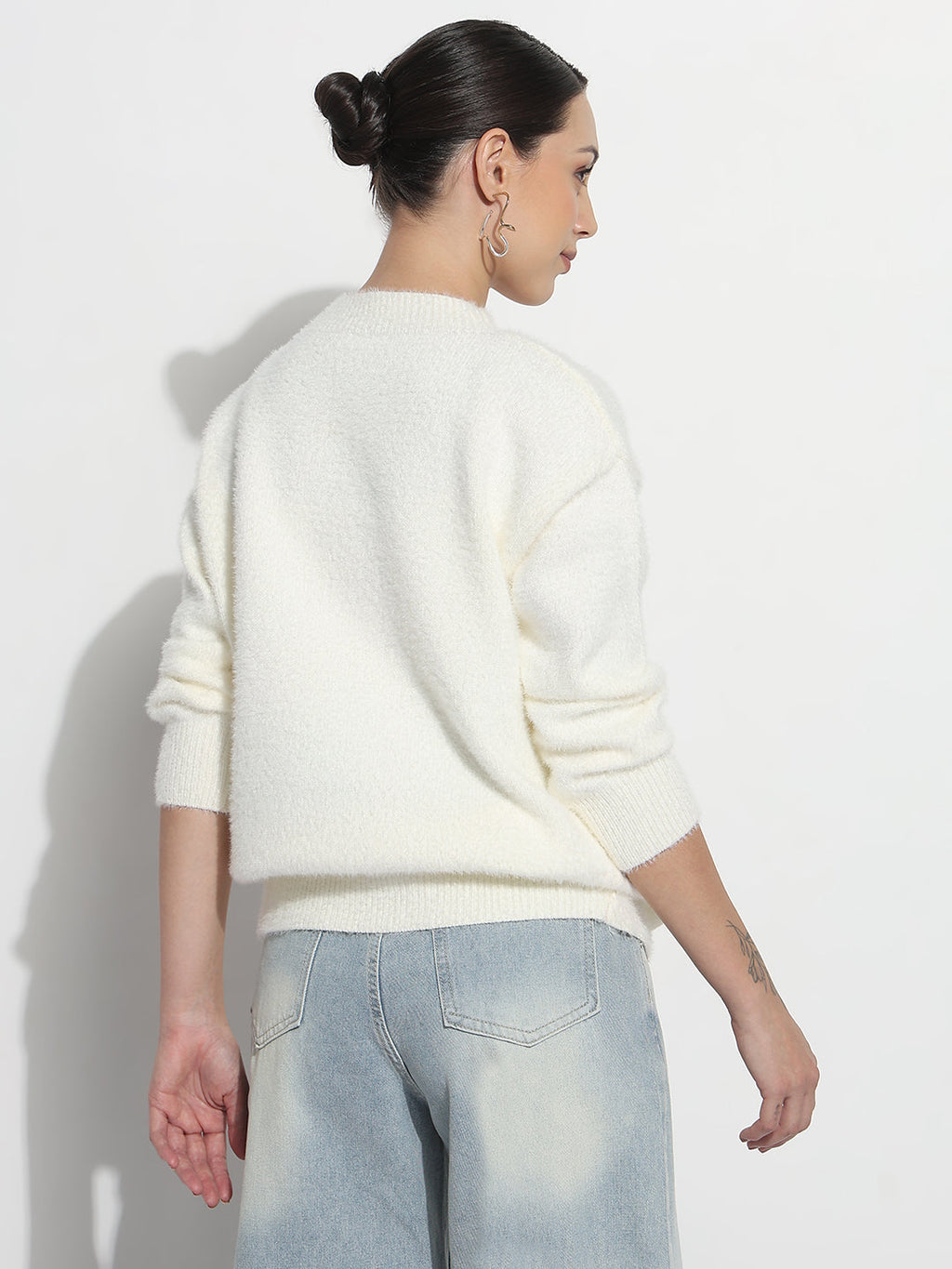 Women's Typography White Round Neck Fuzzy Top