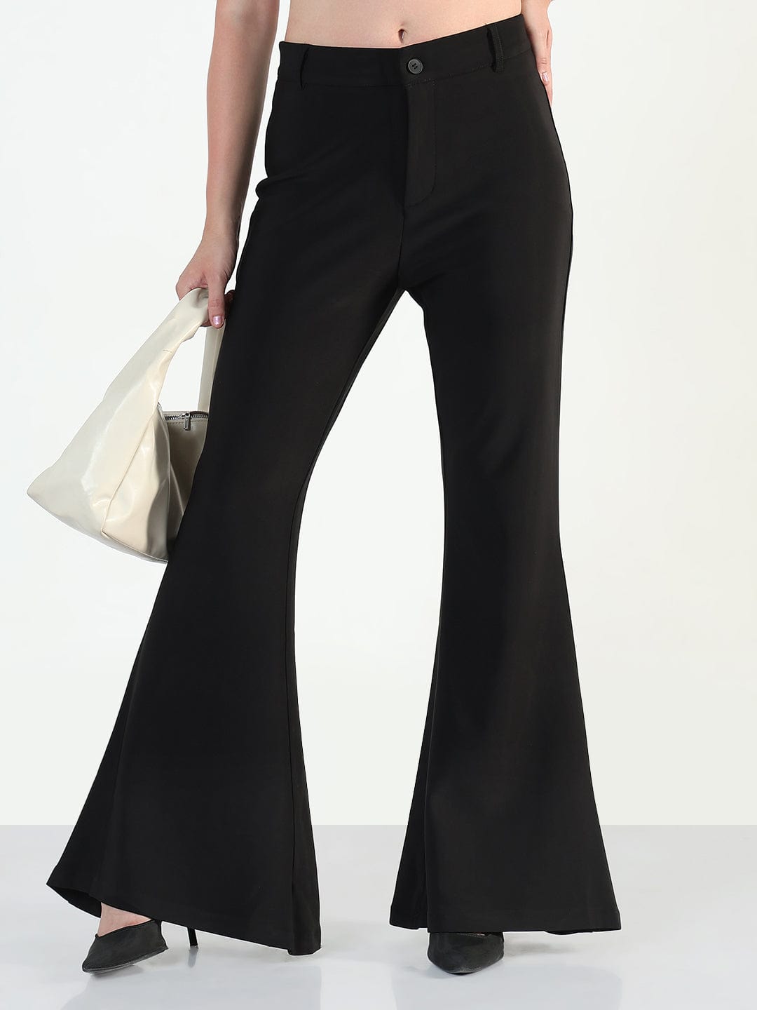 Women's Black Relaxed Fit Flared Trousers