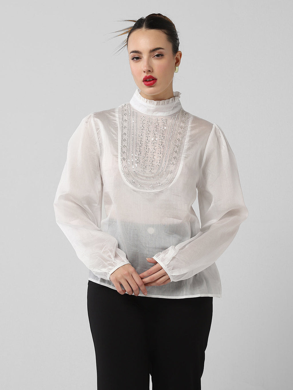 Women's White High Neck Puff Sleeves Top