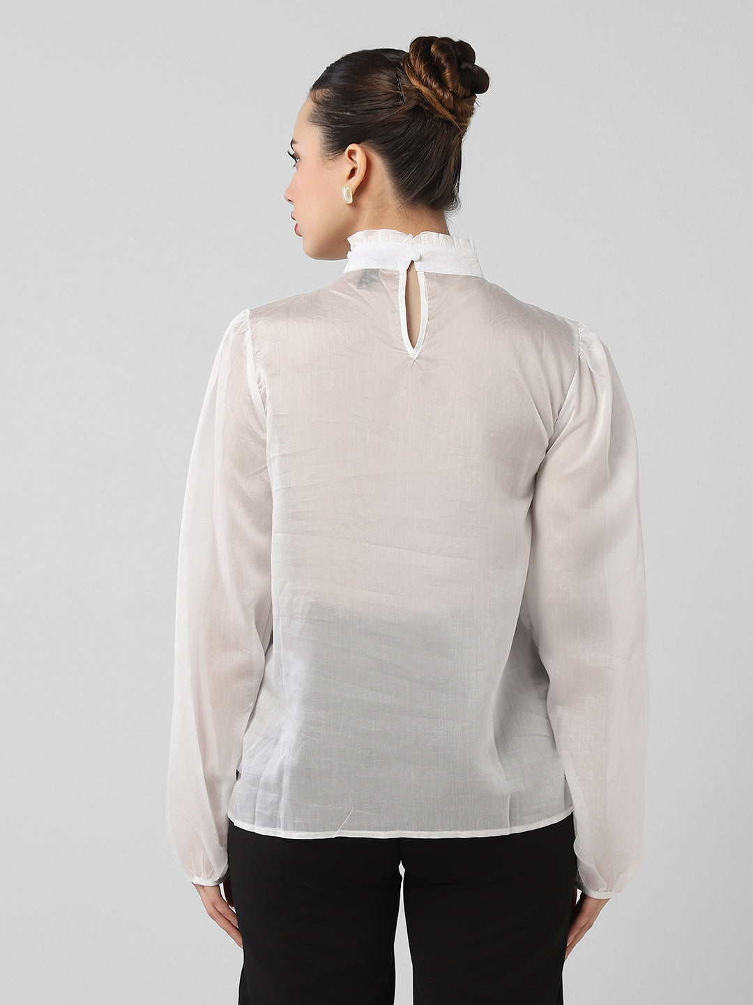 Women's White High Neck Puff Sleeves Top