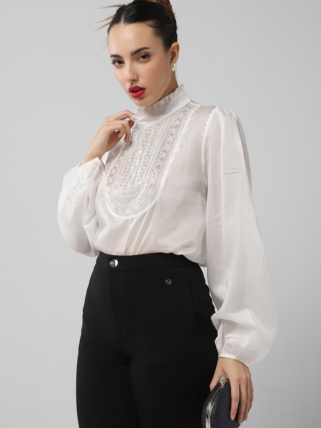 Women's White High Neck Puff Sleeves Top