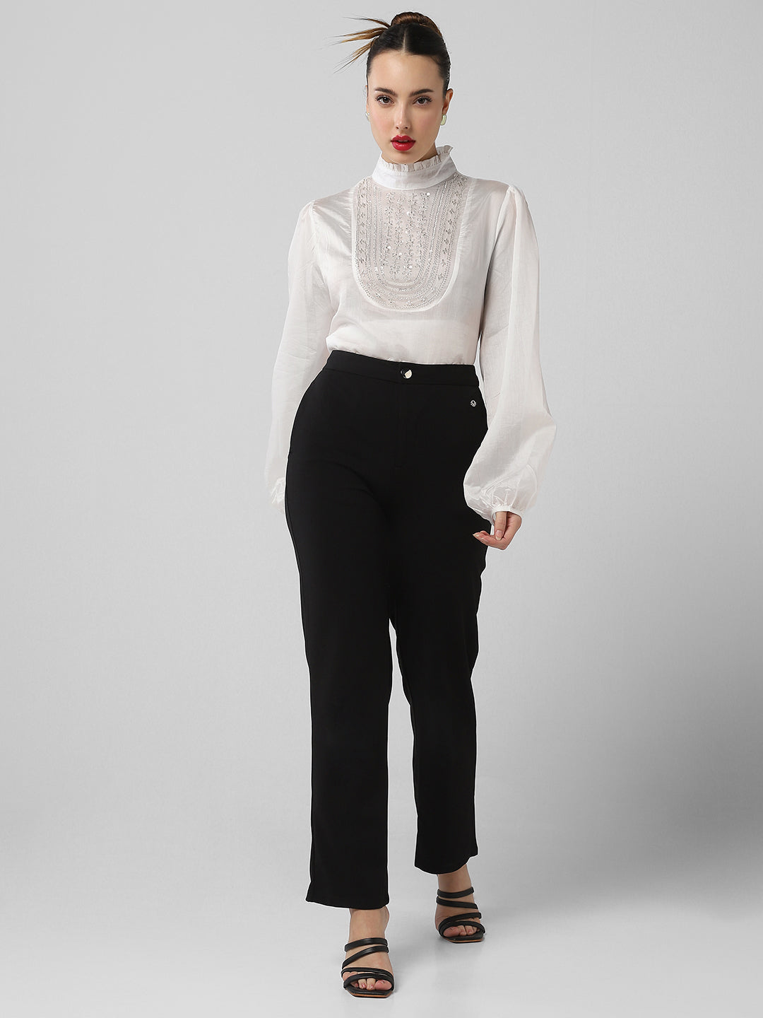 Women's White High Neck Puff Sleeves Top