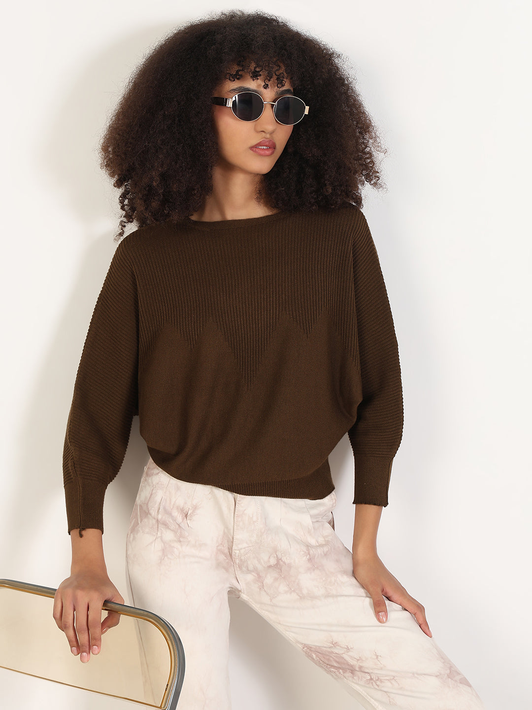 Women's Brown Batwing Sleeves Solid Top