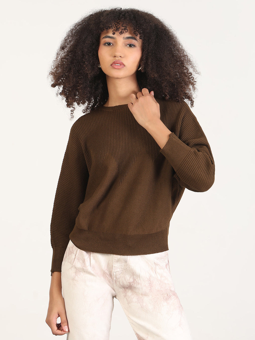 Women's Brown Batwing Sleeves Solid Top