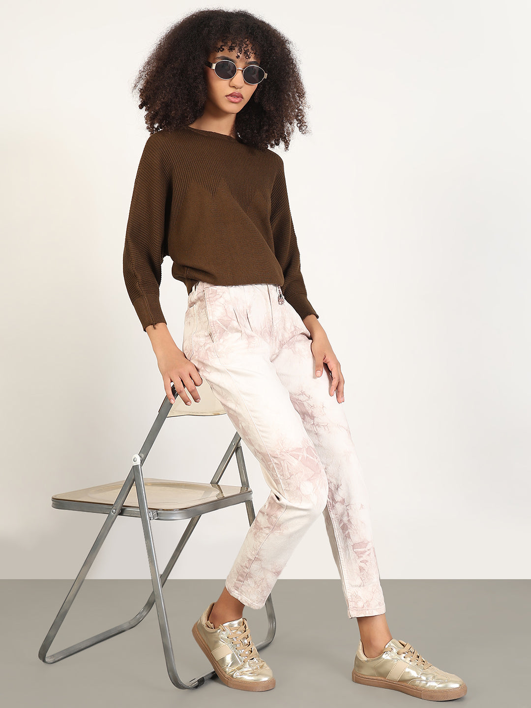 Women's Brown Batwing Sleeves Solid Top