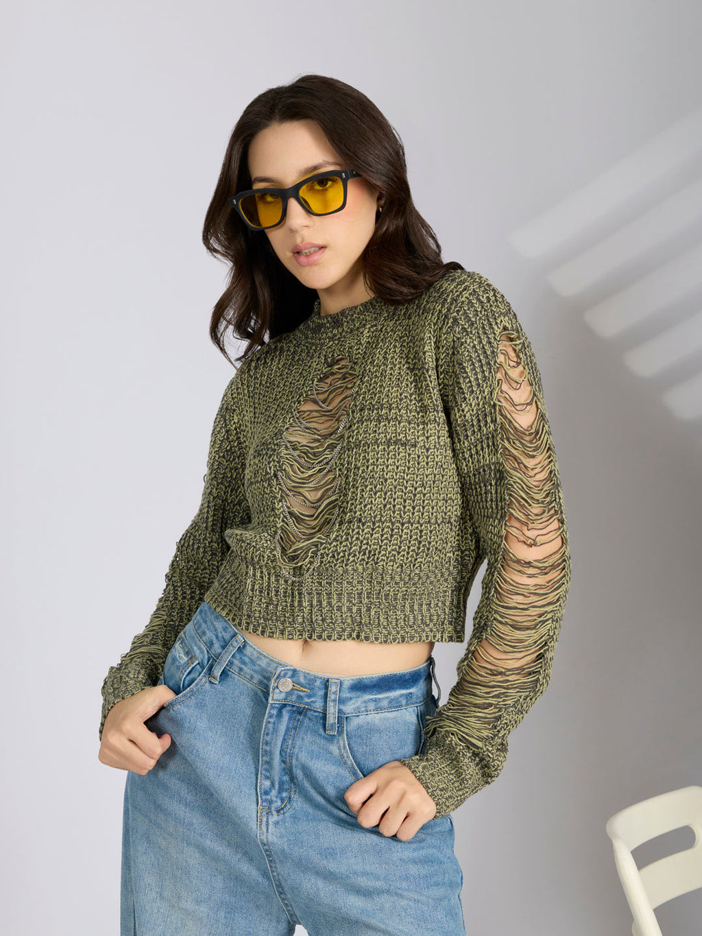 Women's Green Distressed Knitted Top with Chain Details