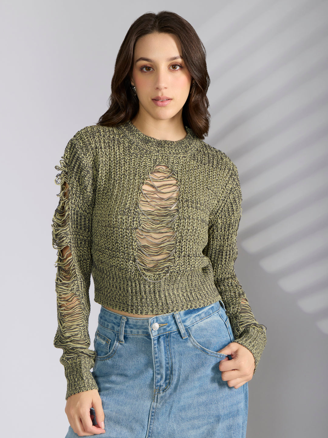 Women's Green Distressed Knitted Top with Chain Details