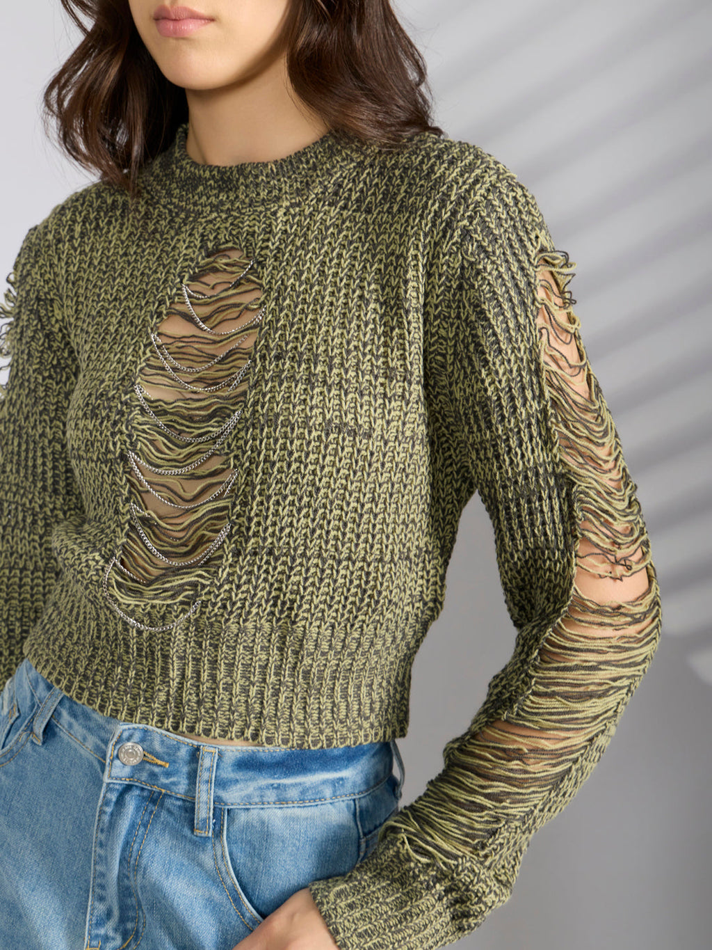 Women's Green Distressed Knitted Top with Chain Details