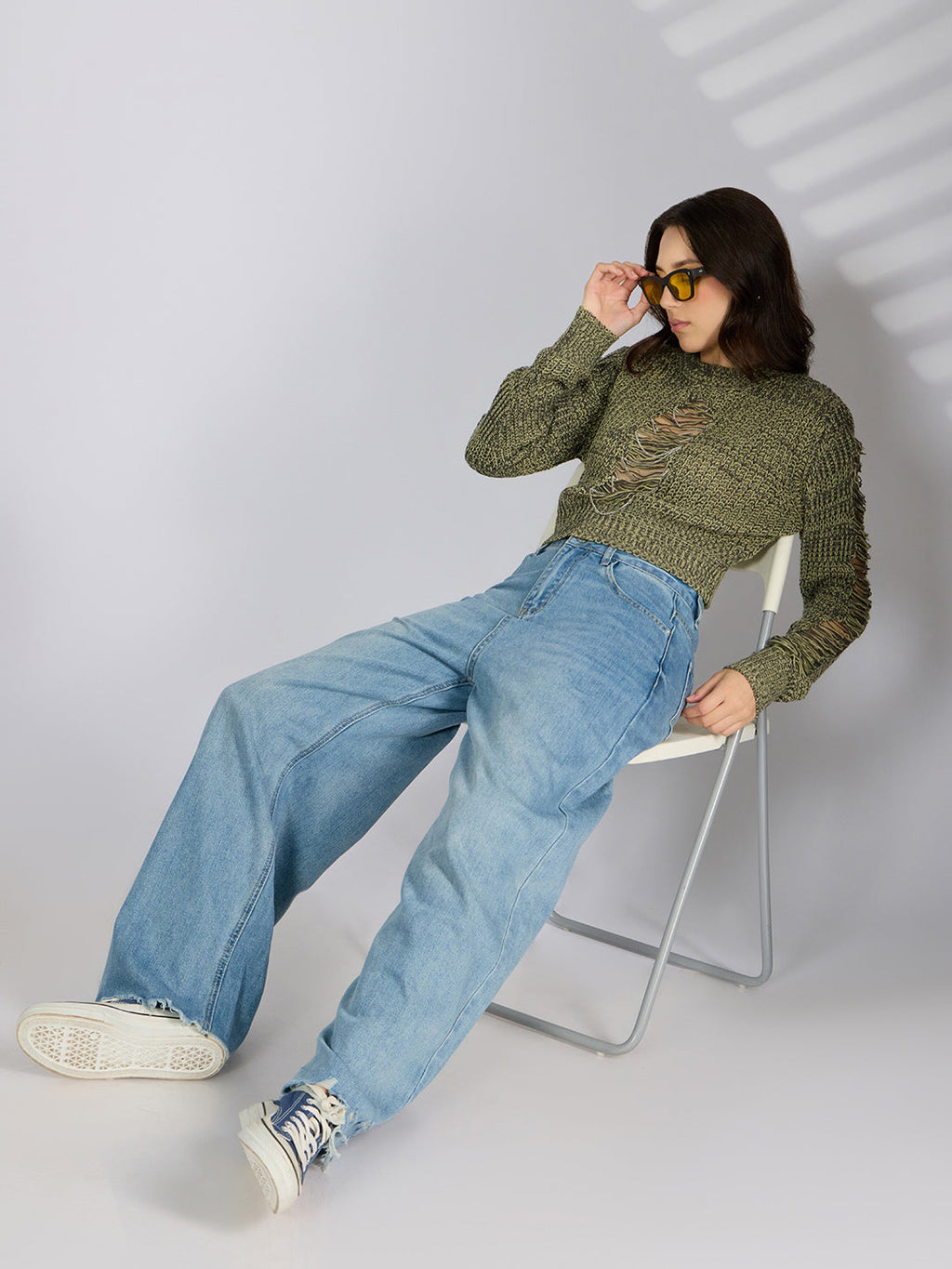 Women's Green Distressed Knitted Top with Chain Details