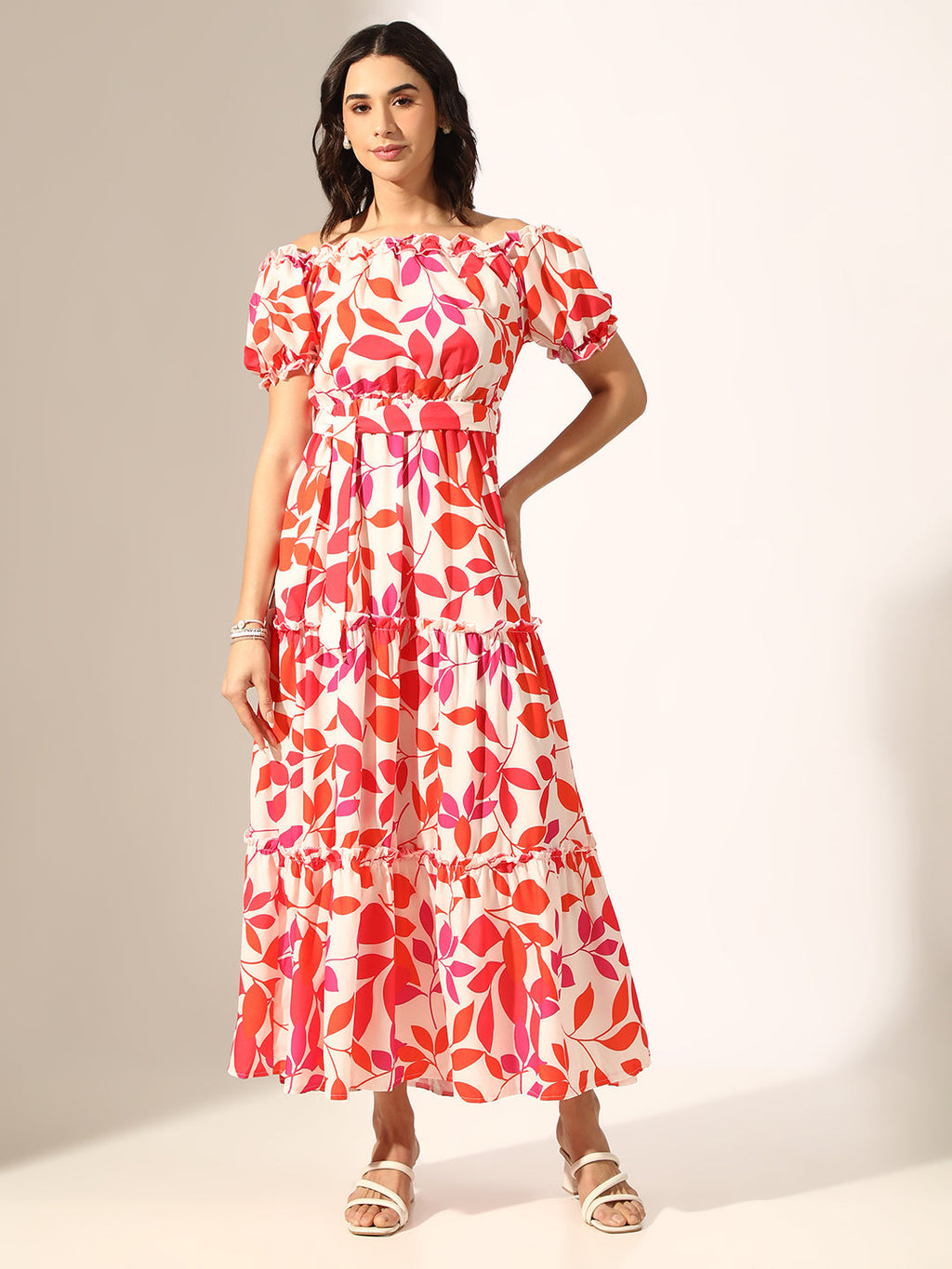 Women's Printed Multi Fit & Flare Maxi Dress with Fabric Belt