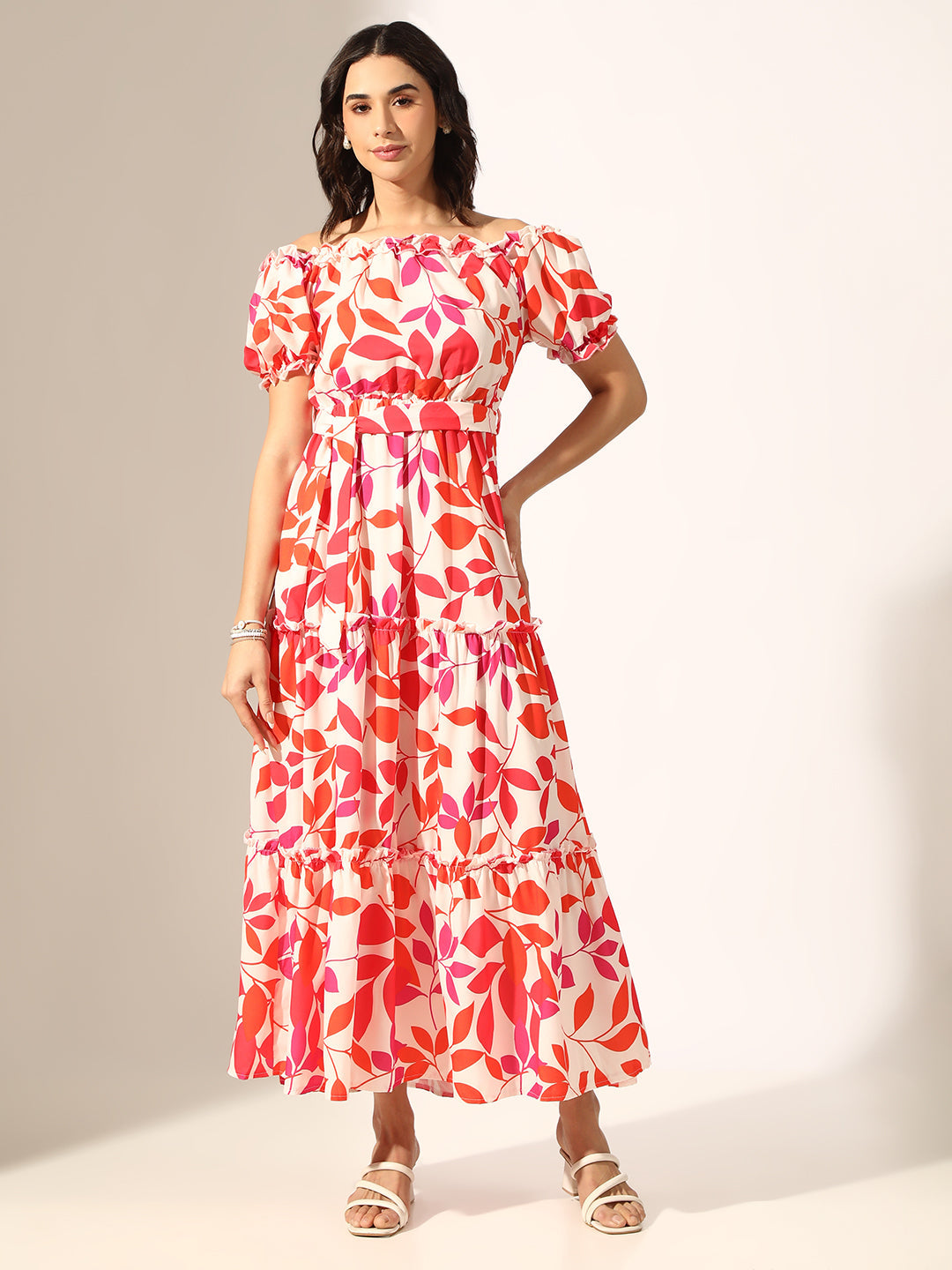 Women's Printed Multi Fit & Flare Maxi Dress with Fabric Belt