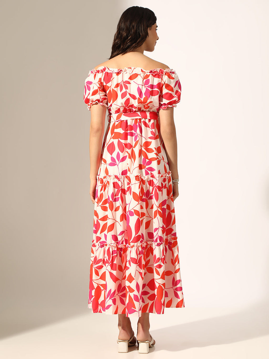 Women's Printed Multi Fit & Flare Maxi Dress with Fabric Belt