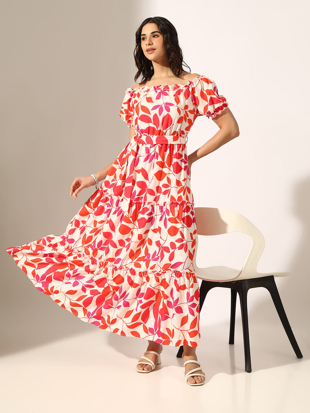 Women's Printed Multi Fit & Flare Maxi Dress with Fabric Belt