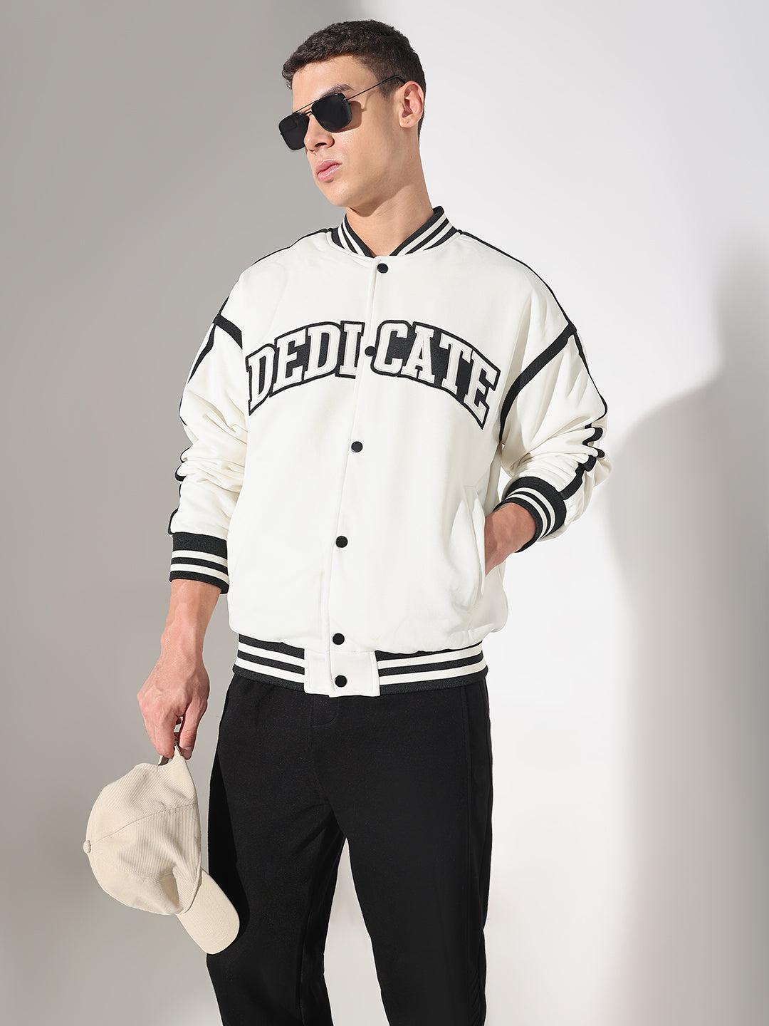 Men's Typography White Mandarin Collar Oversized Varsity Jacket