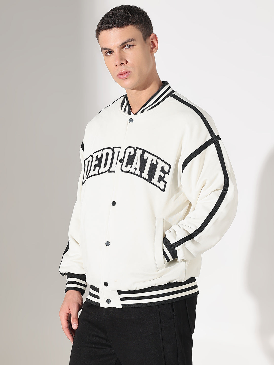 Men's Typography White Mandarin Collar Oversized Varsity Jacket