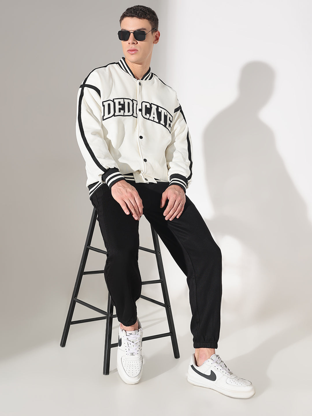 Men's Typography White Mandarin Collar Oversized Varsity Jacket