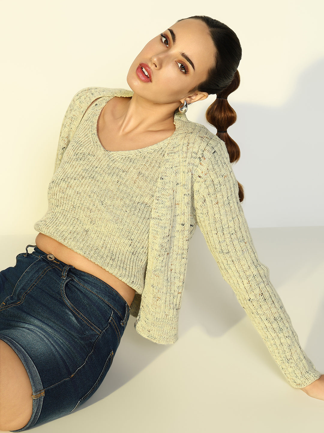 Women's Ribbed Green Crop Top with Shrug