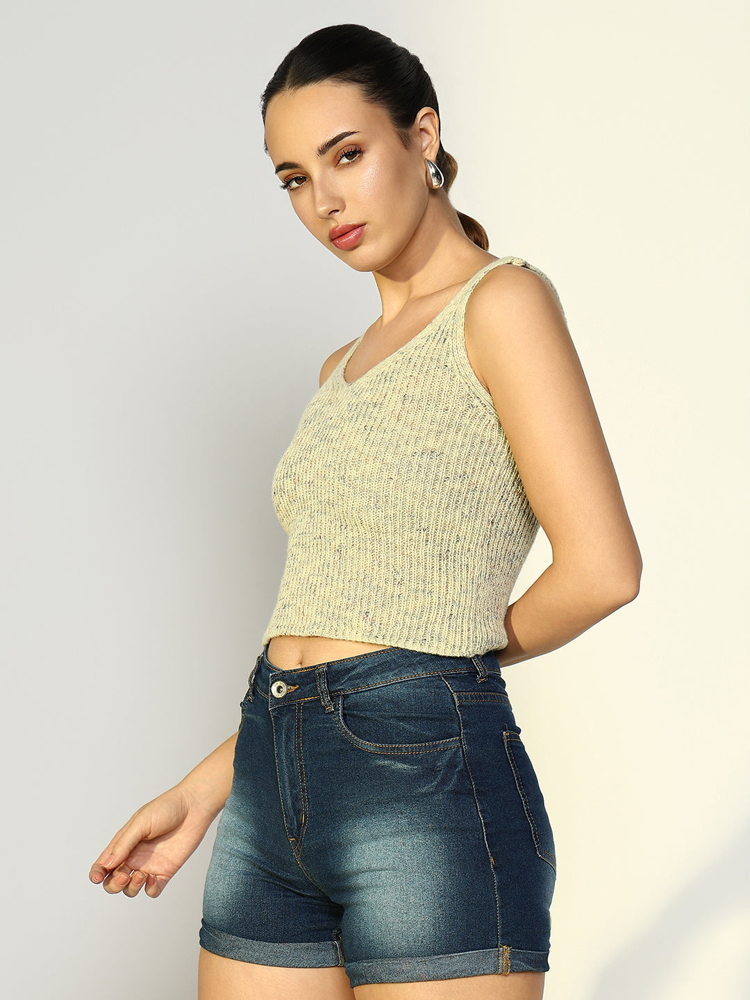 Women's Ribbed Green Crop Top with Shrug