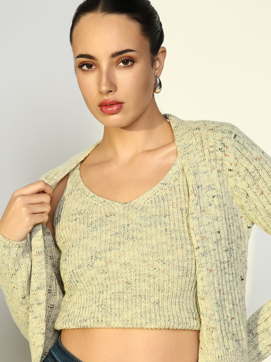 Women's Ribbed Green Crop Top with Shrug