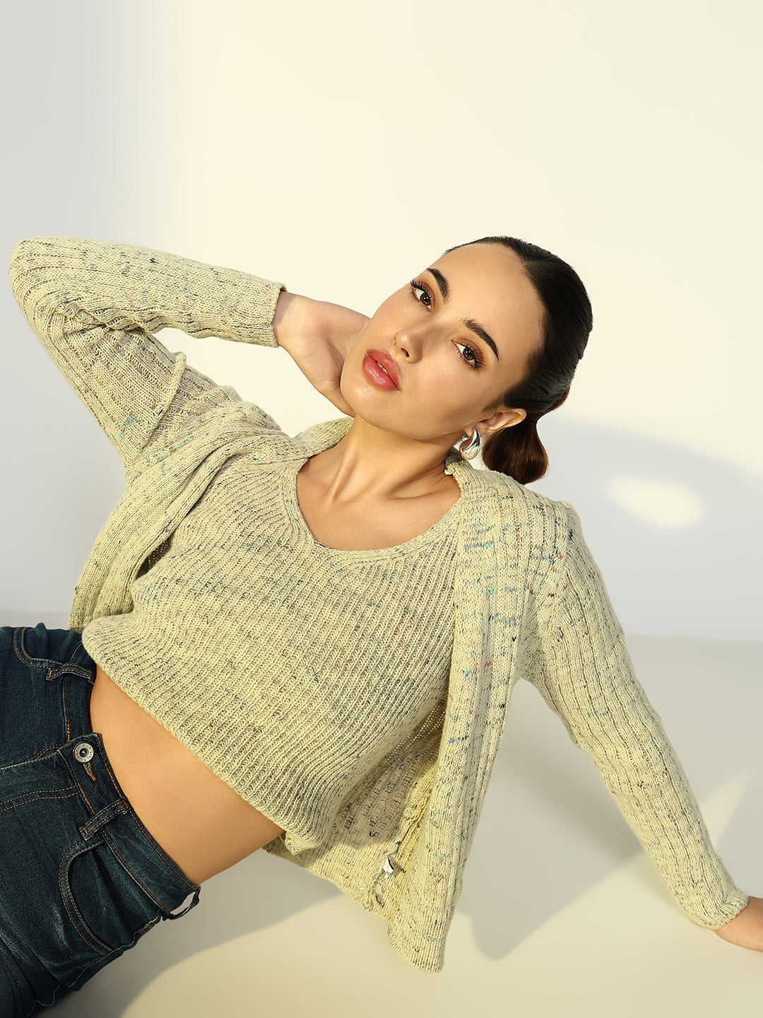 Women's Ribbed Green Crop Top with Shrug